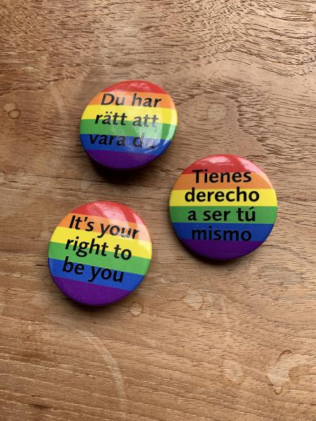 Three rainbow buttons in Swedish, English, and Spanish say "It's Your Right to be You"