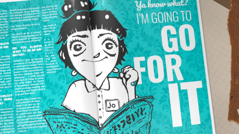 An animated woman holds her hand raised and in a balled fist. She has short bangs, large eyes, and a button up short sleeve shirt. Next to her is text that reads, “You know what? I’m going to go for it.”