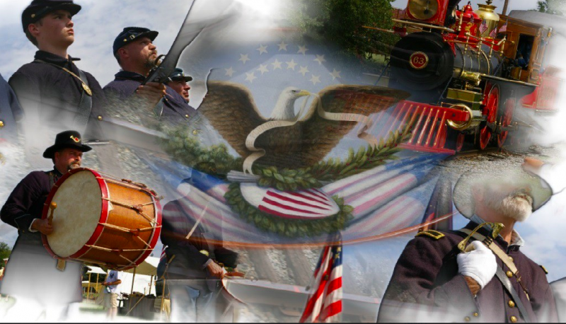 A montage of American war themed images overlay each other. A few men are in colonial war attire and play the drums. An old train is decorated with American flags. A faded eagle on an American flag is centered in the photo.