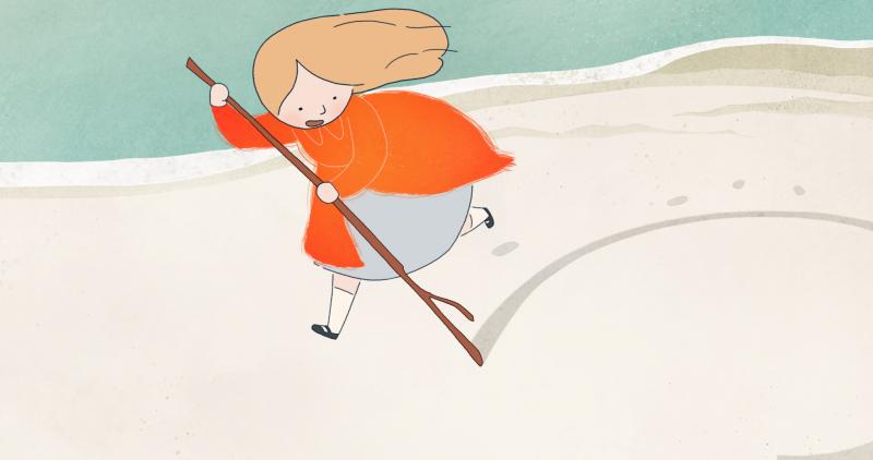 An animation of a young girl runs with a stick in hand along the beach and marks the sand with it. She wears a dress, knee high socks, and flat shoes.