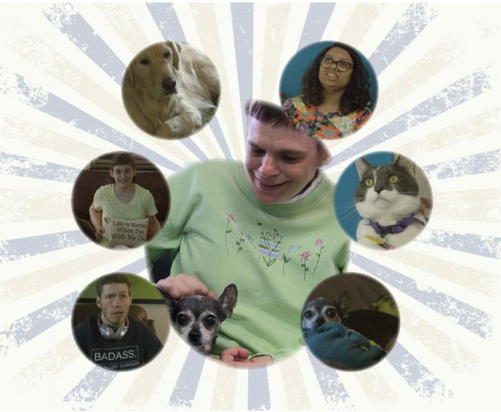 A collage of people and animals. In the center is a large image of a white person in a green sweater petting a dog.