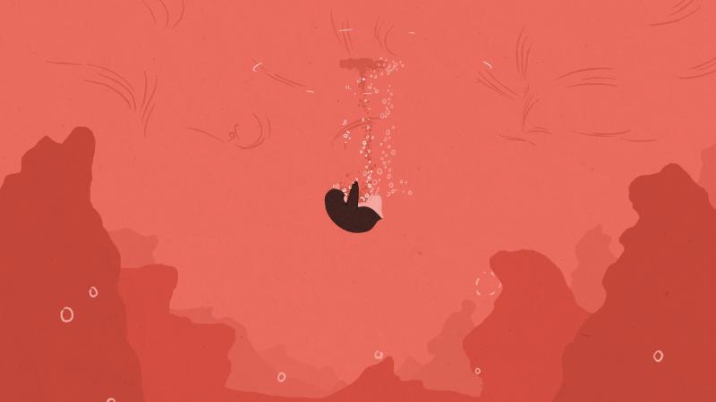An animated penguin is sinking in a vast and empty ocean. There are bubbles forming above them.