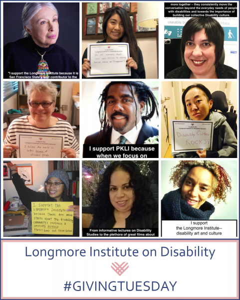 A grid of nine different Longmore supporters ranging in gender, age, race, and ability. They are all pictures with their UnSelfie signs with a Longmore banner and Giving Tuesday logo below