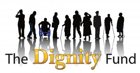 Silhouettes of many different body types with disabilities and text reads "The Dignity Fund"