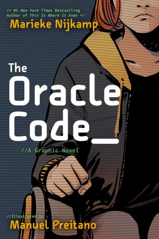 The cover of "The Oracle Code." It states the title, the author of the book, Marieke Nijkamp, and the illustrator, Manuel Preitano. There is an illustration of a girl in a wheelchair. She is wearing a jacket and has red hair.