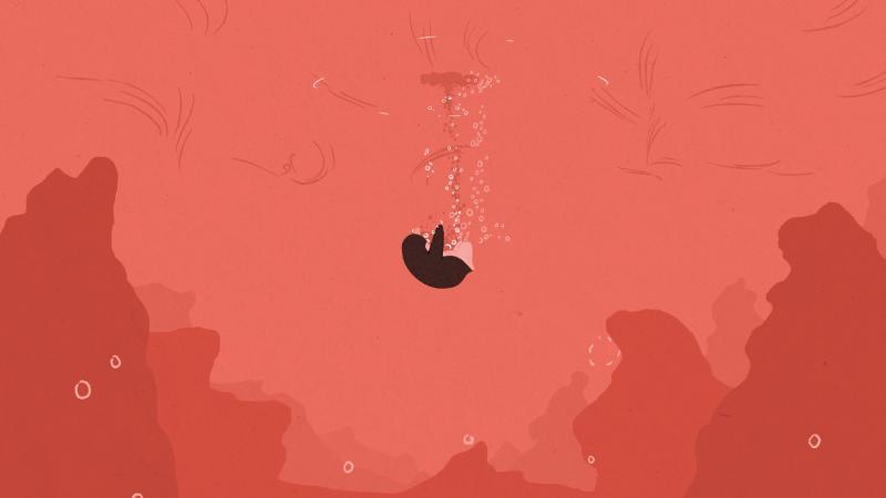An illustration of a penguin who has fallen into water. The water is shades of red.