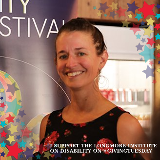 A picture of Emily Beitiks surrounded by multicolor stars superimposed over the image. Text reads "I support the Longmore Institute on Disability on #GivingTuesday."