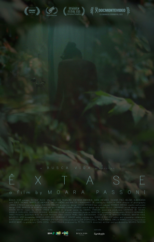Poster for Ecstasy. A woman stands with her back to the camera, with the image slightly transparent over a shot of foliage. Light colored text reads the film title and credits in Portuguese. 