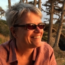 Cathy, a white woman with short grey hair and sunglasses grins off into the distance. She sits outside in the sunset and is basked in orange light. She wears a salmon button up shirt.